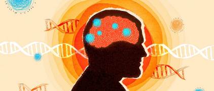 An illustration of a silhouette of a head with a brain inside and DNA helices in the background