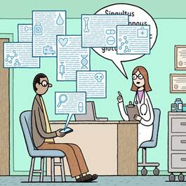 An illustration of a man visiting his doctor and asking an A.I. chatbot on his phone medical questions.