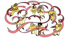 A group of older people engaged in activities that protect brain health such as eating well, exercising, socialising, receiving vaccines, and studying. A flowing ribbon connects and encompasses all of them, curving and looping to form the shape of a brain.